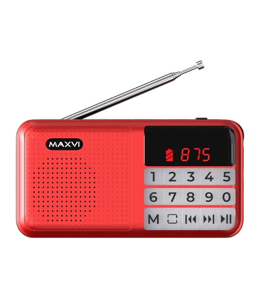 Радио FM-приемник Maxvi PR-02 red. Цифровой приемник Maxvi PR-02 предназначен для прослушивания радио и музыки. Миниатюрный Maxvi PR-02 - удобный в переноске и помещается в карман. Можно использовать карты памяти microSD и внешний USB-накопитель для воспроизведения музыки, а также аудиокниг. Благодаря функции автоматического поиска гаджет может самостоятельно находить доступные радиостанции и сохранять их в памяти
