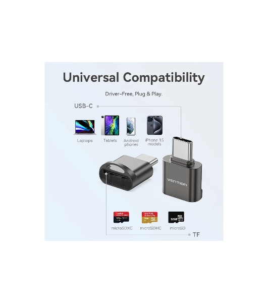 Кард-ридер Vention CLMH0/серый/OTG USB 2.0 CM/MicroSD/USB Type-C/металл