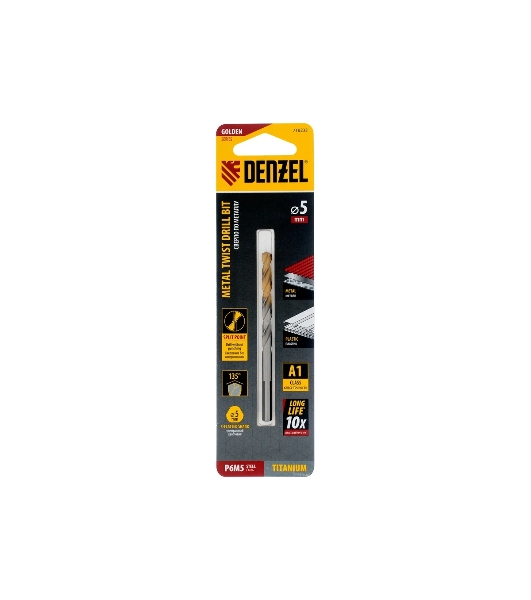 Сверло спиральное по металлу Denzel 5 x 86мм, Р6М5, Golden Tip