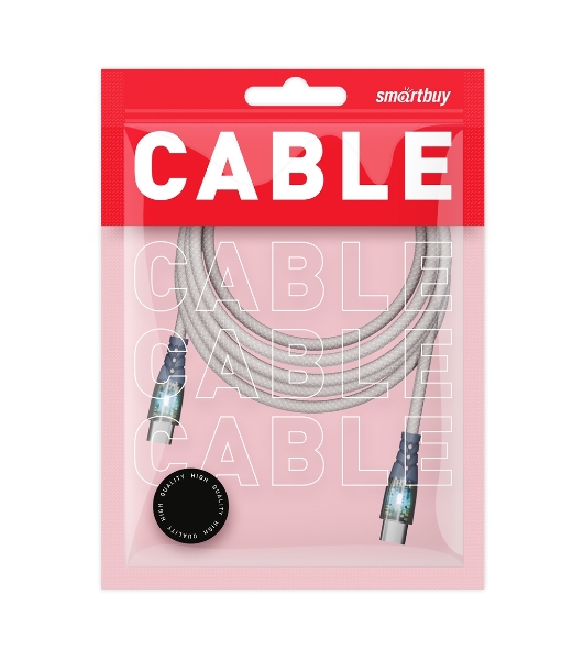 Кабель Smartbuy для зарядки и передачи данных, прозрачные наконечники TYPE C - TYPE C, 3А, нейл., серый, 1 м, IK-3112FCTRANSP-GRAY