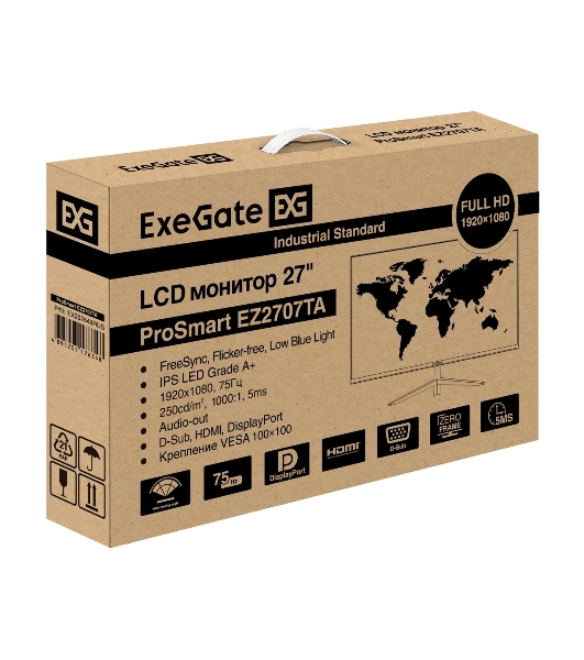 Монитор 27' ExeGate EZ2707TA ProSmart IPS 1920x1080, 75 Гц, 5 мс, 16:9, 250 кд/м², 1xHDMI, 1xVGA, 1xDP, 3.5 мм, черный
