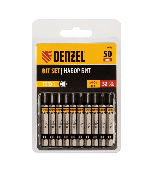 Набор бит Denzel TORX 6х50, сталь S2, шестигранный профиль, 10 шт.