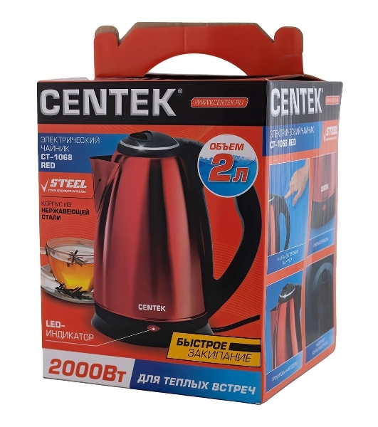 Электрочайник Centek CT-1068 красный, 2 л, 2000 Вт, скрытый нагревательный элемент