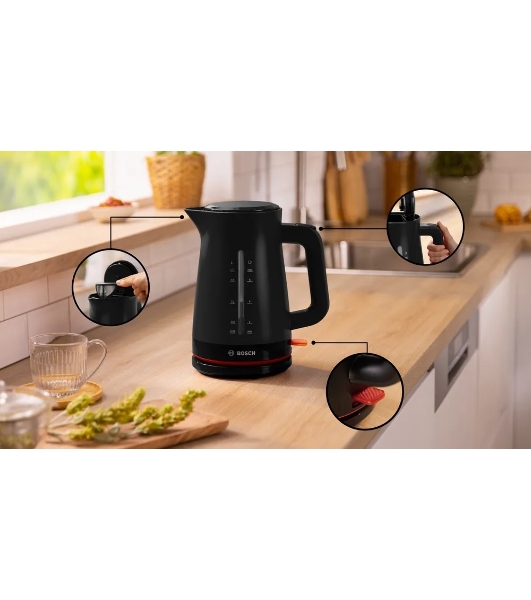 Электрочайник Bosch TWK3M123 черный, 1.7 л, 2400 Вт, скрытый нагревательный элемент