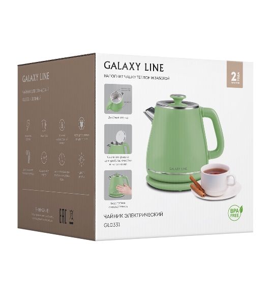Чайник электрический Galaxy Line GL 0331, зеленый, пластик, двойная стенка из нержавеющей стали AISI 304 и пищевого пластика, 2200 Вт, 1.8 л, индикатор работы