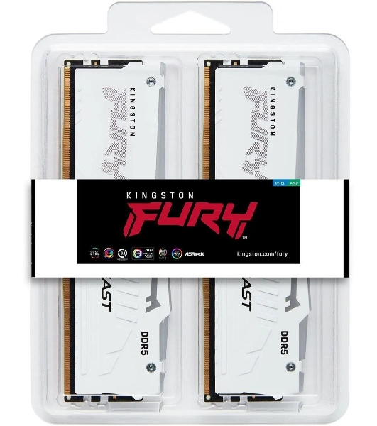 Оперативная память Kingston Fury Beast, DDR5, 32Gb (2x16Gb), 5200MHz, CL40, DIMM, с радиаторами, RGB, белый