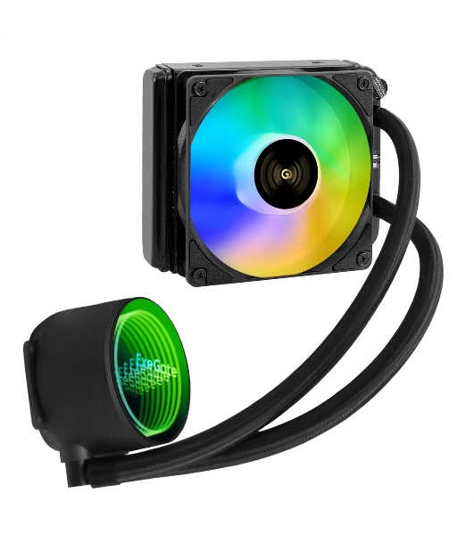 Комплект жидкостного охлаждения ExeGate BlackWater-120V3.PWM.ARGb (3 PIN 5V ADDRESSABLE RGb подсветка, LGA2066/2011/1366/1150/1151/1155/1156/1200/1700/1851/AM4/AM5/FM1/FM2/FM2+/AM2/AM2+/AM3/AM3+, TDP 150W, Fan 120мм 4pin PWM 600-1800RPM Hydro bearing, помпа 3pin 2700RPM, макс. шум 37db, с термопастой, на винтах, черный, Color Box)