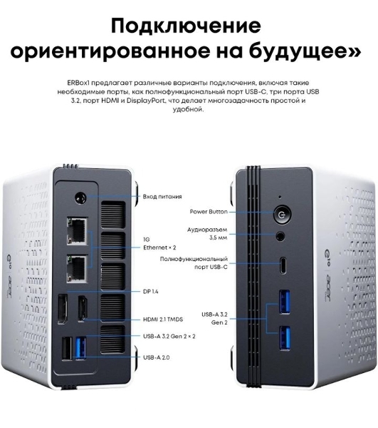 Неттоп Acer Gadget E10 ERBox 1 Ryzen 7 6800H (3.2) 16Gb SSD512Gb 680M Windows 11 Pro 2xGbitEth WiFi BT 120W черный/белый