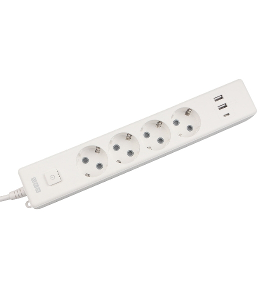 Бытовой удлинитель PowerCube, 4 р с/з вык., 3USB, 3500 Вт, 16А, 1.9 м, 3x1,0 (белый) PC-6-2M