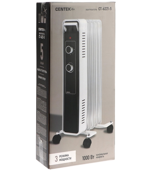 Обогреватель масляный Centek CT-6221-5 (5 секций) белый, 400/600/1000 Вт, 12,5 м2, 3 режима, термостат