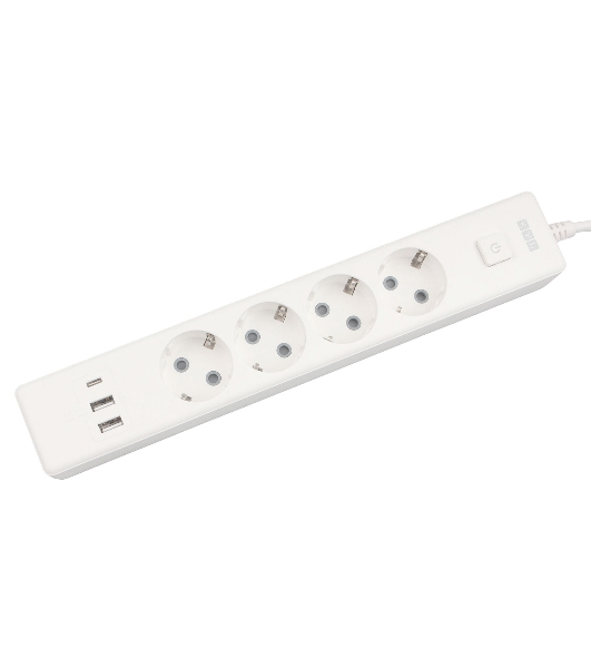 Бытовой удлинитель PowerCube, 4 р с/з вык., 3USB, 3500 Вт, 16А, 1.9 м, 3x1,0 (белый) PC-6-2M