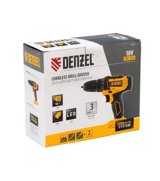 Дрель-шуруповерт Denzel CDL-18-0, 18 В, 0 Ач, 30 Нм, щеточный
