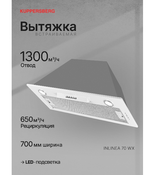 Вытяжка встраиваемая Kuppersberg Inlinea 70 WX белый/нержавеющая сталь, 70 см, 1300 куб. м/ч, 41 дБ
