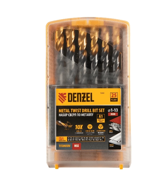 Набор сверл по металлу Denzel 1-13 мм, HSS-Tin, Golden Tip, 25 шт