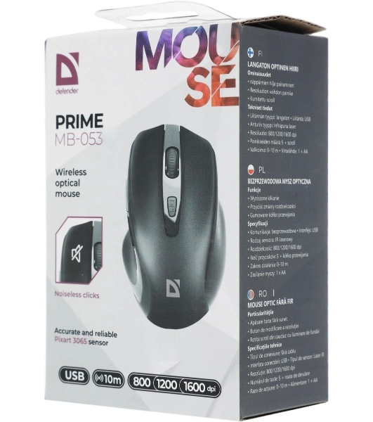 Мышь беспроводная Defender Prime MB-053 черный, 1600 dpi, радиоканал, USB, кнопки - 6