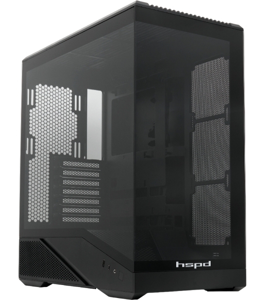 Компьютерный корпус без блока питания HSPD F711-TGbK, Panoramic Full Tower, Black, TG, 0.7 SPCC, no fans ATX, mATX, mITX 190/420/280мм 2x2.5', 2x3.5', 7xPCI 1xUSB-A 3.0, 1xUSB-C 445x235x475мм