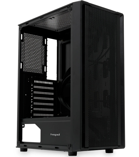 Компьютерный корпус без блока питания HSPD M530, Mesh Mid Tower, Black, TG, 0.4 SPCC, no fans ATX, mATX, mITX 155/290/200mm 2x2.5', 2x3.5', 7xPCI 1xUSB-A 3.0, 2xUSB-A 1.0 335x193x445mm