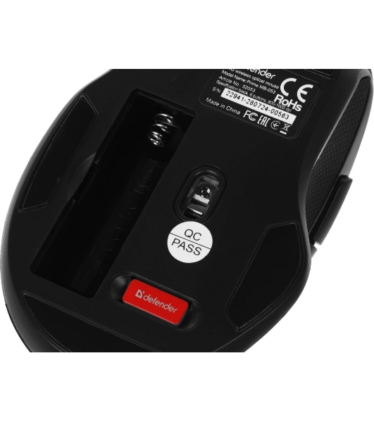 Мышь беспроводная Defender Prime MB-053 черный, 1600 dpi, радиоканал, USB, кнопки - 6