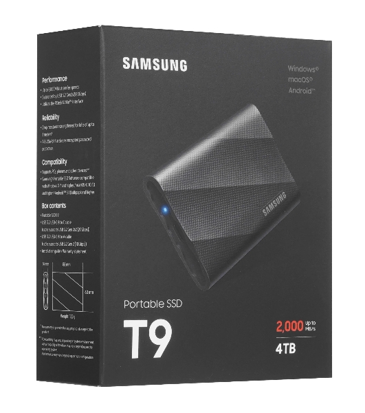 Внешний SSD Samsung T9, 4TB, USB 3.2 Gen 2x2 Type-C, R/W 2000/2000, черный