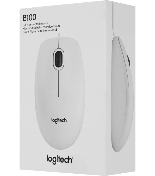 Мышь проводная Logitech B100 белый, 1000 dpi, USB, кнопки - 3