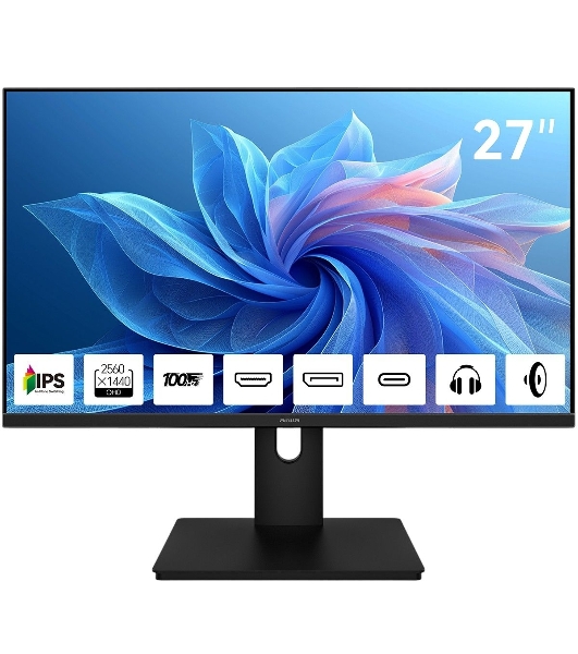 Монитор 27' Aiwa MQ272A IPS 2560x1440, 100 Гц, 4 мс, 16:9, 300 кд/м², HDMI 2.0, DP 1.2, USB-C, 3.5 Jack, динамики (2x3 Вт), FreeSync, G-Sync, черный