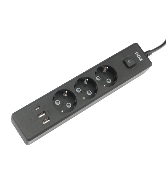 Бытовой удлинитель PowerCube, 3 р с/з вык.,3USB, 3500 Вт, 16А, 1.9 м, 3x1,0 черный PC-6B-2M