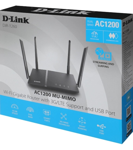Роутер D-Link DIR-1260/RU/R1A, Wireless AC1200 2x2 MU-MIMO Dual-band Gigabit Router with 1 10/100/1000Base-T WAN port, 4 10/100/1000Base-T LAN ports and 1 USB port.802.11b/g/n/ac compatible, up to 300 Mbps