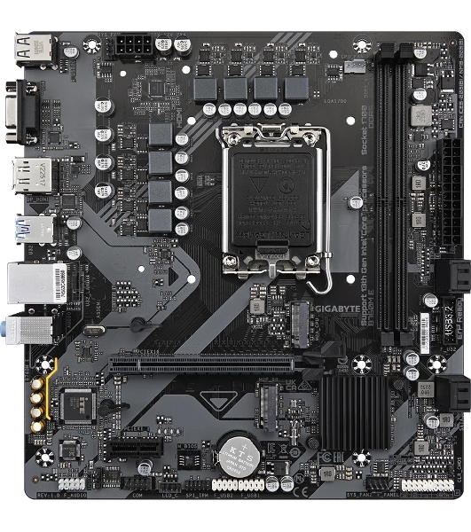 Материнская плата Gigabyte B760M E, LGA 1700, Intel B760, 2xDDR5, 4xSATA, 2xM.2, 1xPCIe 4.0 x16, 1xPCIe x1, 1xVGA, 1xHDMI, 1xDP, 1x1Gb LAN, 4xUSB-A 5Gbps, 2xUSB-A 2.0, 3x3.5 мм, 7.1, mATX