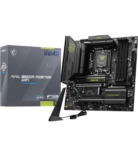 Материнская плата MSI MAG B860M MORTAR WIFI, LGA 1851, Intel B860, 4xDDR5 (до 256 ГБ), 4xSATA, 3xM.2 (1xPCIe 5.0, 2xPCIe 4.0), 1xPCIe 5.0 x16, 1xPCIe 4.0 x4, 1xHDMI, 1xDP, 1x5Gb LAN, Wi-Fi 7, Bluetooth 5.4, 1xUSB-C 40Gbps (Thunderbolt 4), 1xUSB-C 10Gbps, 3xUSB-A 10Gbps, 4xUSB-A 2.0, 3x3.5 мм + S/PDIF оптический, 7.1, чёрный, mATX