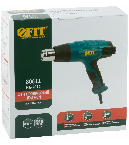 Фен технический FIT 80611 2000 Вт; 60/400/600 °C; 300/500/500 л/мин; рез. накл.; короб.