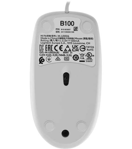 Мышь проводная Logitech B100 белый, 1000 dpi, USB, кнопки - 3