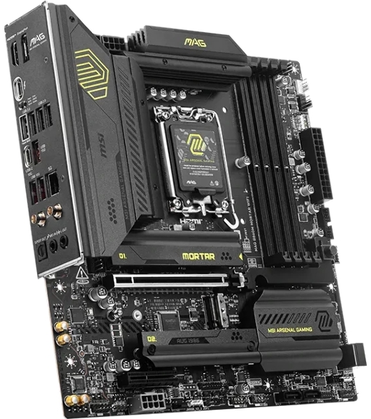 Материнская плата MSI MAG B860M MORTAR WIFI, LGA 1851, Intel B860, 4xDDR5 (до 256 ГБ), 4xSATA, 3xM.2 (1xPCIe 5.0, 2xPCIe 4.0), 1xPCIe 5.0 x16, 1xPCIe 4.0 x4, 1xHDMI, 1xDP, 1x5Gb LAN, Wi-Fi 7, Bluetooth 5.4, 1xUSB-C 40Gbps (Thunderbolt 4), 1xUSB-C 10Gbps, 3xUSB-A 10Gbps, 4xUSB-A 2.0, 3x3.5 мм + S/PDIF оптический, 7.1, чёрный, mATX