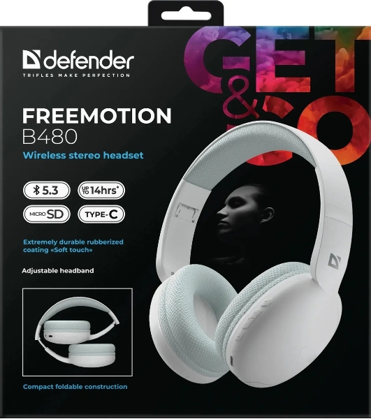Беспроводные/проводные наушники Defender FreeMotion B480 белый, накладные, Bluetooth + проводной, складная конструкция, до 8 ч