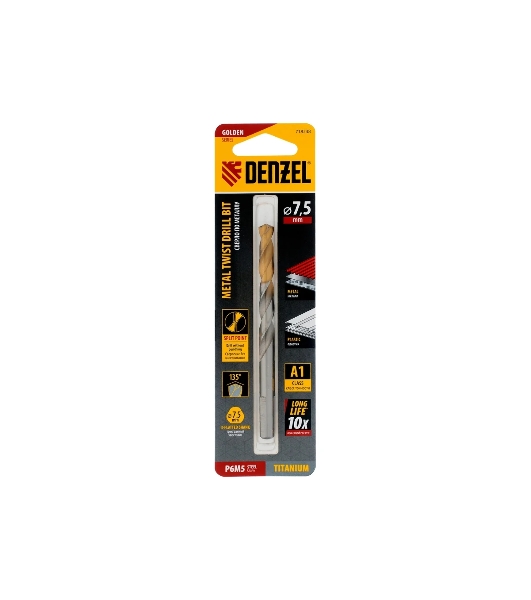Сверло спиральное по металлу Denzel 7,5 x 109мм, Р6М5, Golden Tip