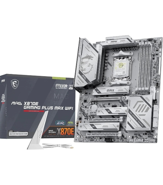 Материнская плата MSI MAG X870E GAMING PLUS MAX WIFI, AM5, AMD X870E, 4xDDR5 (до 256 ГБ), 4xSATA, 3xM.2 (1xPCIe 5.0, 2xPCIe 4.0), 1xPCIe 5.0 x16, 1xPCIe 4.0 x16, 1xPCIe 3.0 x16, 1xPCIe x1, 1xHDMI, 1x5Gb LAN, Wi-Fi 7, Bluetooth 5.4, 1xUSB-C 40Gbps (USB4), 1xUSB-C 20Gbps, 2xUSB-A 10Gbps, 2xUSB-A 5Gbps, 4xUSB-A 2.0, 3x3.5 мм + S/PDIF оптический, 7.1, белый, ATX