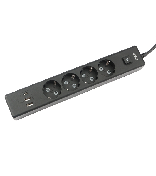 Бытовой удлинитель PowerCube, 4 р с/з вык.,3USB, 3500 Вт, 16А, 1.9 м, 3x1,0 черный PC-7B-2M
