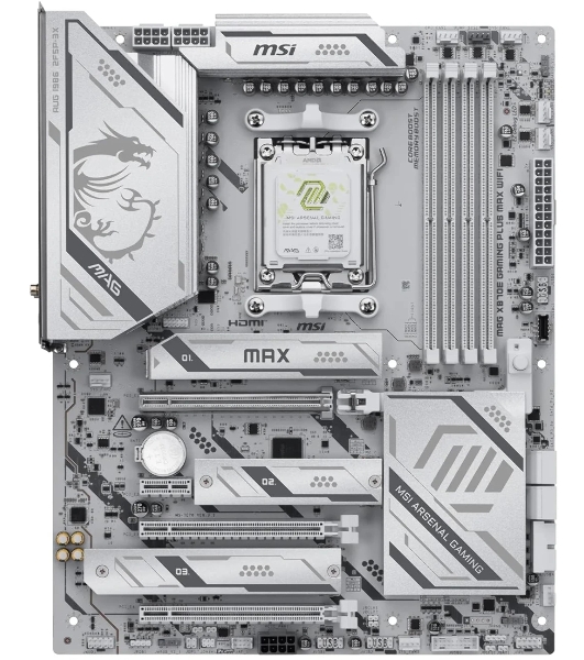 Материнская плата MSI MAG X870E GAMING PLUS MAX WIFI, AM5, AMD X870E, 4xDDR5 (до 256 ГБ), 4xSATA, 3xM.2 (1xPCIe 5.0, 2xPCIe 4.0), 1xPCIe 5.0 x16, 1xPCIe 4.0 x16, 1xPCIe 3.0 x16, 1xPCIe x1, 1xHDMI, 1x5Gb LAN, Wi-Fi 7, Bluetooth 5.4, 1xUSB-C 40Gbps (USB4), 1xUSB-C 20Gbps, 2xUSB-A 10Gbps, 2xUSB-A 5Gbps, 4xUSB-A 2.0, 3x3.5 мм + S/PDIF оптический, 7.1, белый, ATX