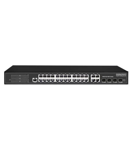 Коммутатор управляемый L2 PoE Osnovo SW-8244/L(400W) Gigabit Ethernet на 24 RJ45 PoE + 4 x GE Combo Uplink, до 30W на порт, суммарно до 400W