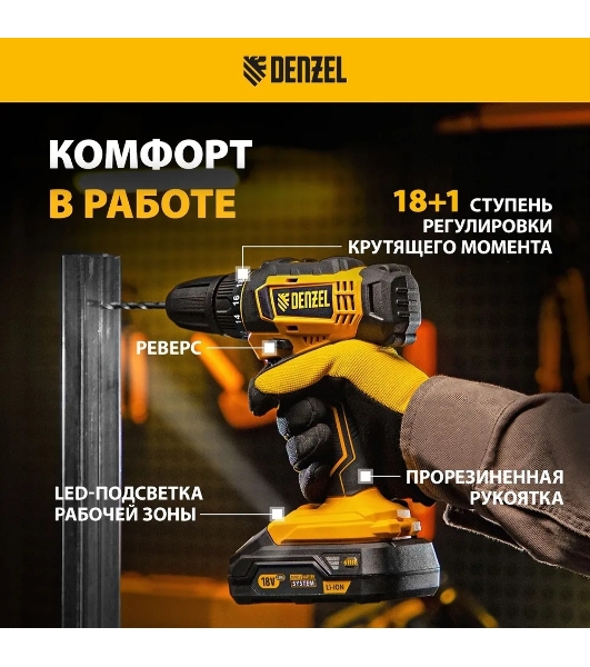 Дрель-шуруповерт Denzel CDL-18-0, 18 В, 0 Ач, 30 Нм, щеточный