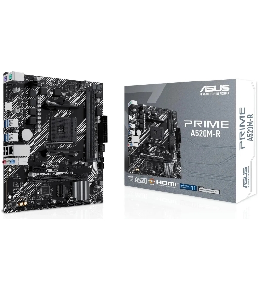 Материнская плата ASUS PRIME A520M-R, AM4, AMD A520, 2xDDR4, 4xSATA, 1xM.2, 1xPCIe 3.0 x16, 1xPCIe x1, 1xHDMI, 1x 1Gb LAN, 2xUSB-A 2.0, 4xUSB-A 3.2 Gen 1, 3x3.5 мм, 7.1, mATX