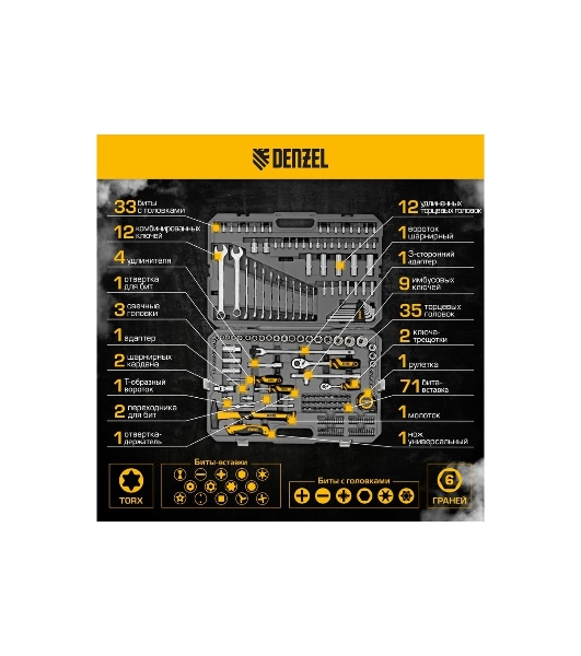 Набор инструментов Denzel 1/2', 1/4', CrV, S2, пластиковый кейс, 194 предмета