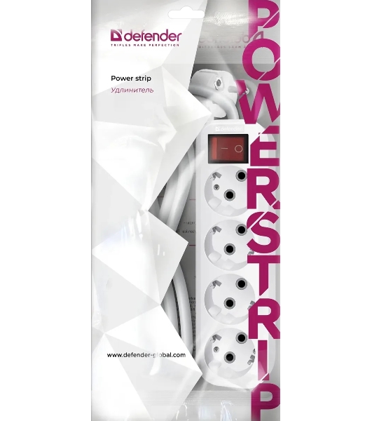Удлинитель сетевой Defender L340 белый, 3 м, EURO, 4 розетки, 3500 Вт