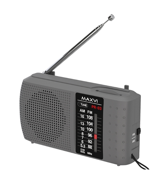 Радиоприемник Maxvi PR-03 grey (AM\FM, аналоговый тюнер, 2 х АА)