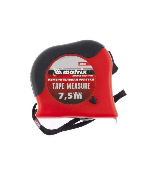 Рулетка Matrix Double fixation, 7,5 м х 25 мм, обрезиненный корпус, двойная плавная фиксация