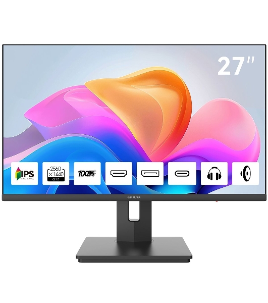 Монитор 27' Aiwa MQ274A IPS 2560x1440, 100 Гц, 4 мс, 16:9, 300 кд/м², HDMI 2.0, DP 1.2, USB-C (15 Вт), 3.5 Jack, динамики (2x3 Вт), FreeSync, G-Sync, черный
