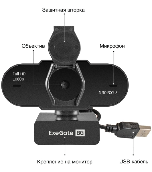 Веб-камера ExeGate BlackView C931 1920x1080, 30 кадр/с, USB Type-A, микрофон (шумоподавление), автоматическая фокусировка, шторка приватности, универсальное крепление, штатив в комплекте