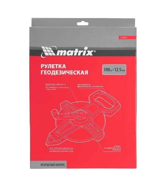 Рулетка геодезическая Matrix 100 м х 12,5 мм, открытый корпус, фиберглассовая лента