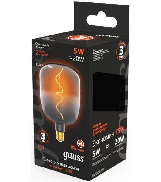 Лампа светодиодная Gauss Filament V140 5W 200lm 1800К Е27 black-clear flexible LED