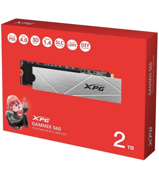 Накопитель SSD ADATA XPG GAMMIX S60, 2Tb, PCIe 4.0 x4, M.2 2280, NVMe, R/W 5000/4200, с радиатором