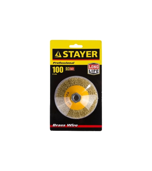 Кордщетка STAYER PROFESSIONAL 35133-100коническая М14 витая латунь/сталь 0.3мм d100мм